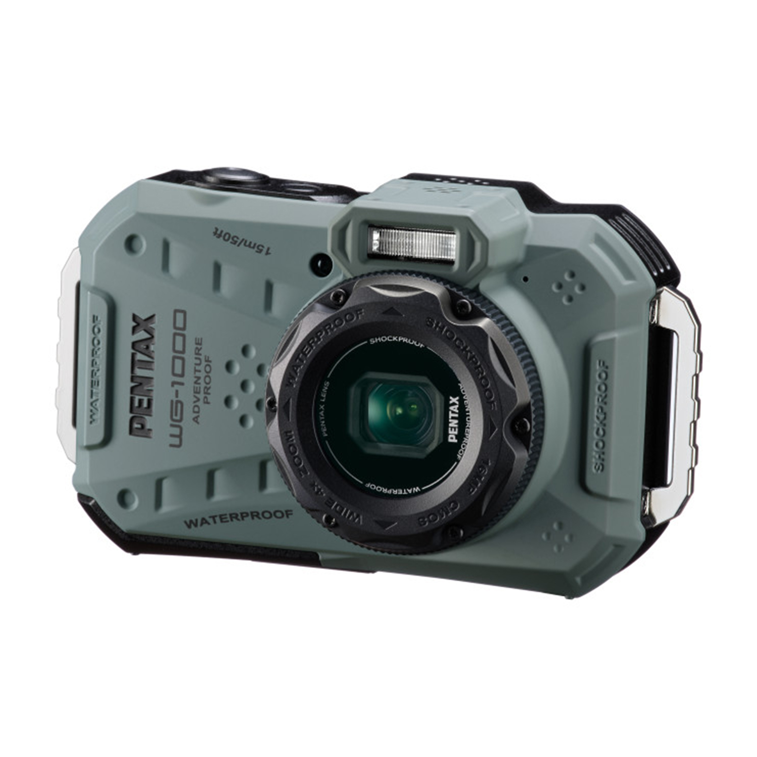 Fotocamera grigia Pentax WG-1000 adventure proof con etichetta impermeabile.