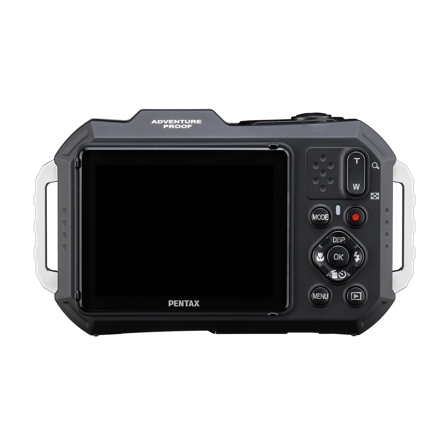 Fotocamera nera con schermo e pulsanti sul retro, logo Adventure Proof.