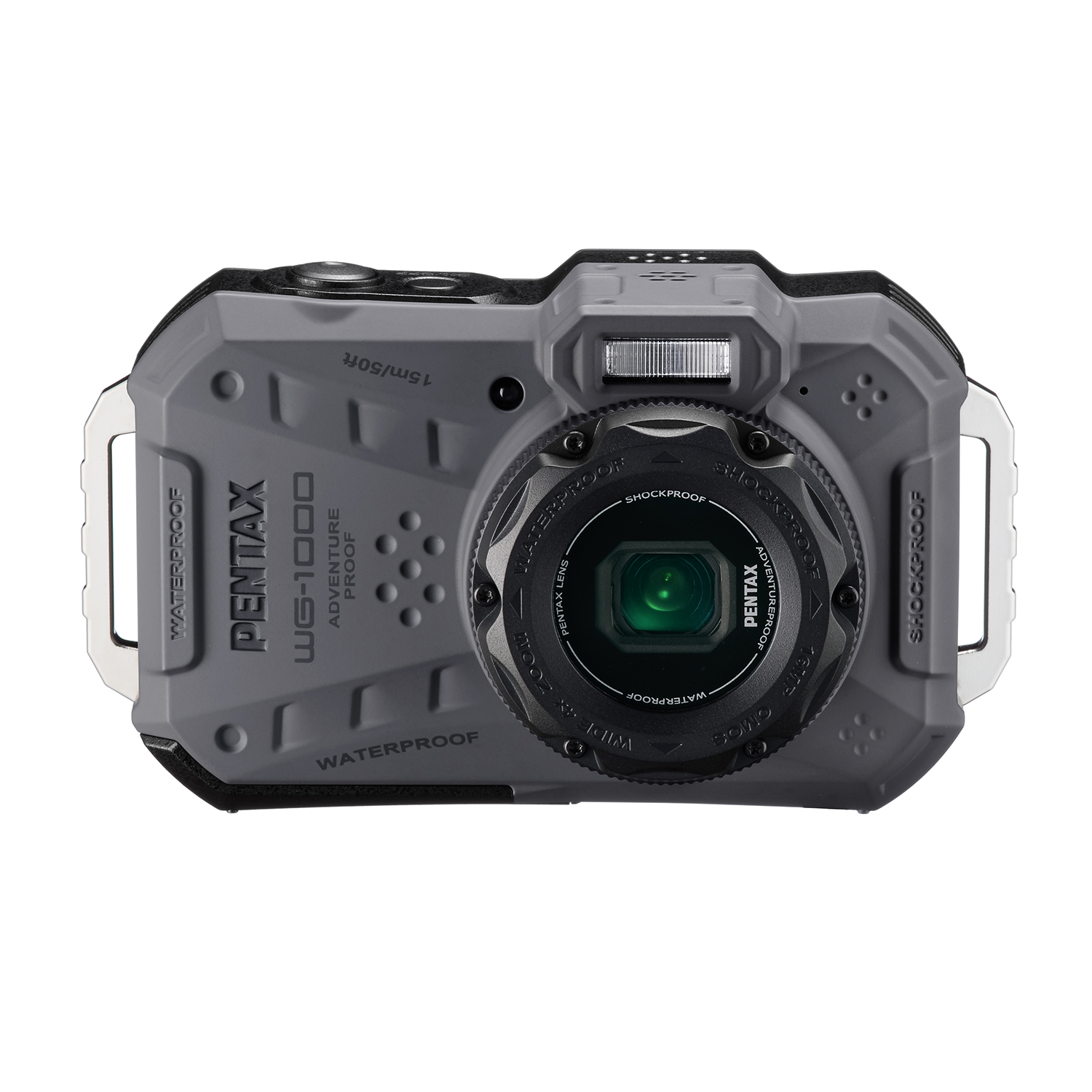 Fotocamera Pentax grigia, impermeabile, con obiettivo visibile.