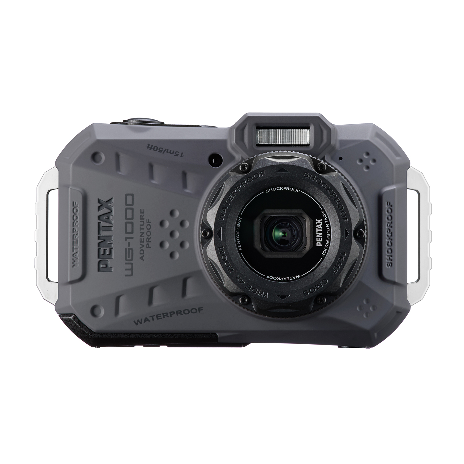 Una fotocamera grigia impermeabile con testo, che mostra il suo design robusto.