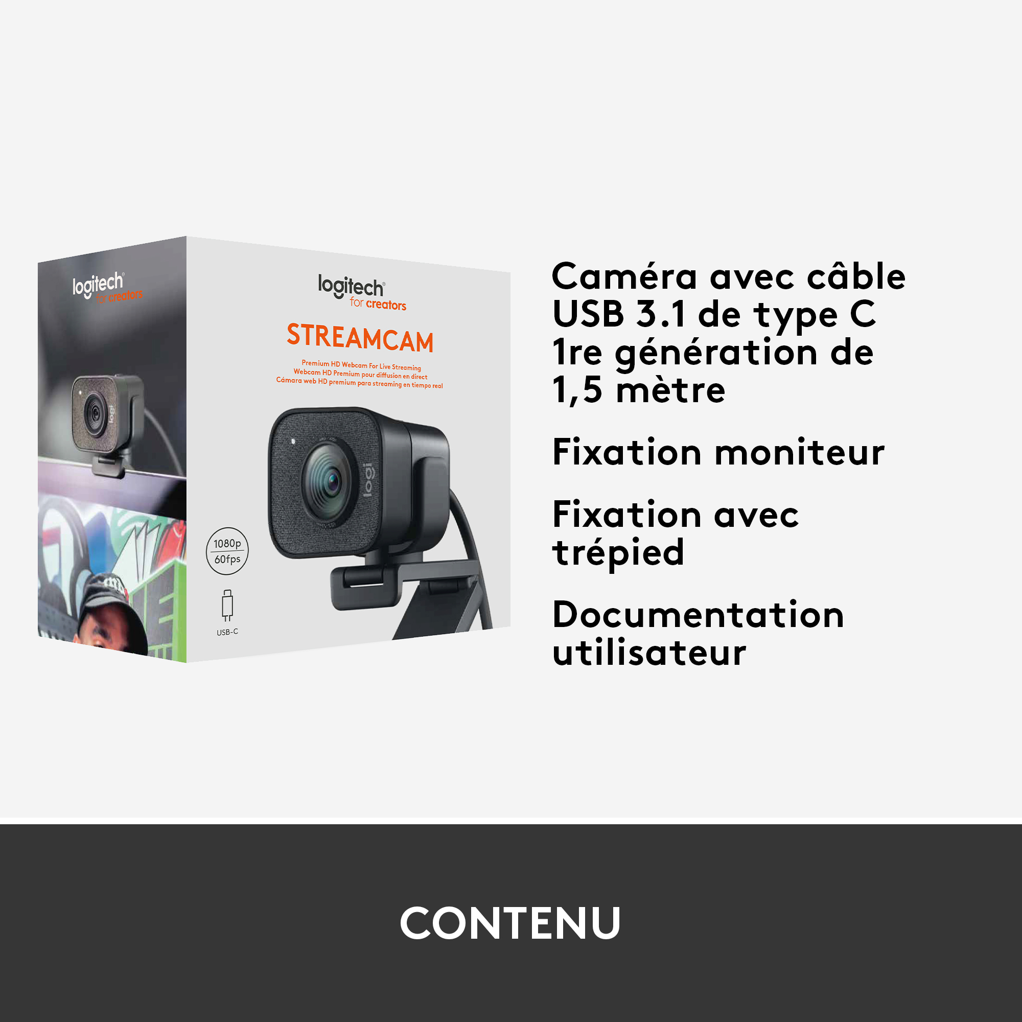 Une boîte Logitech Streamcam avec une webcam et du texte sur les fonctionnalités en français.