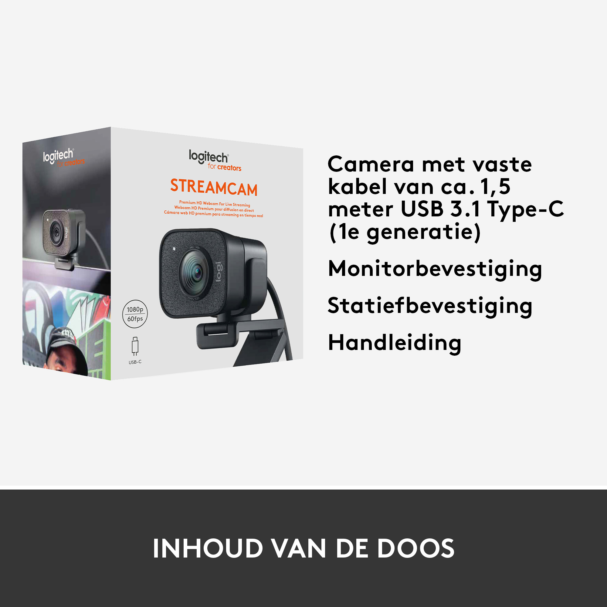 Box with camera, cable, and text: Inhoud van de doos.