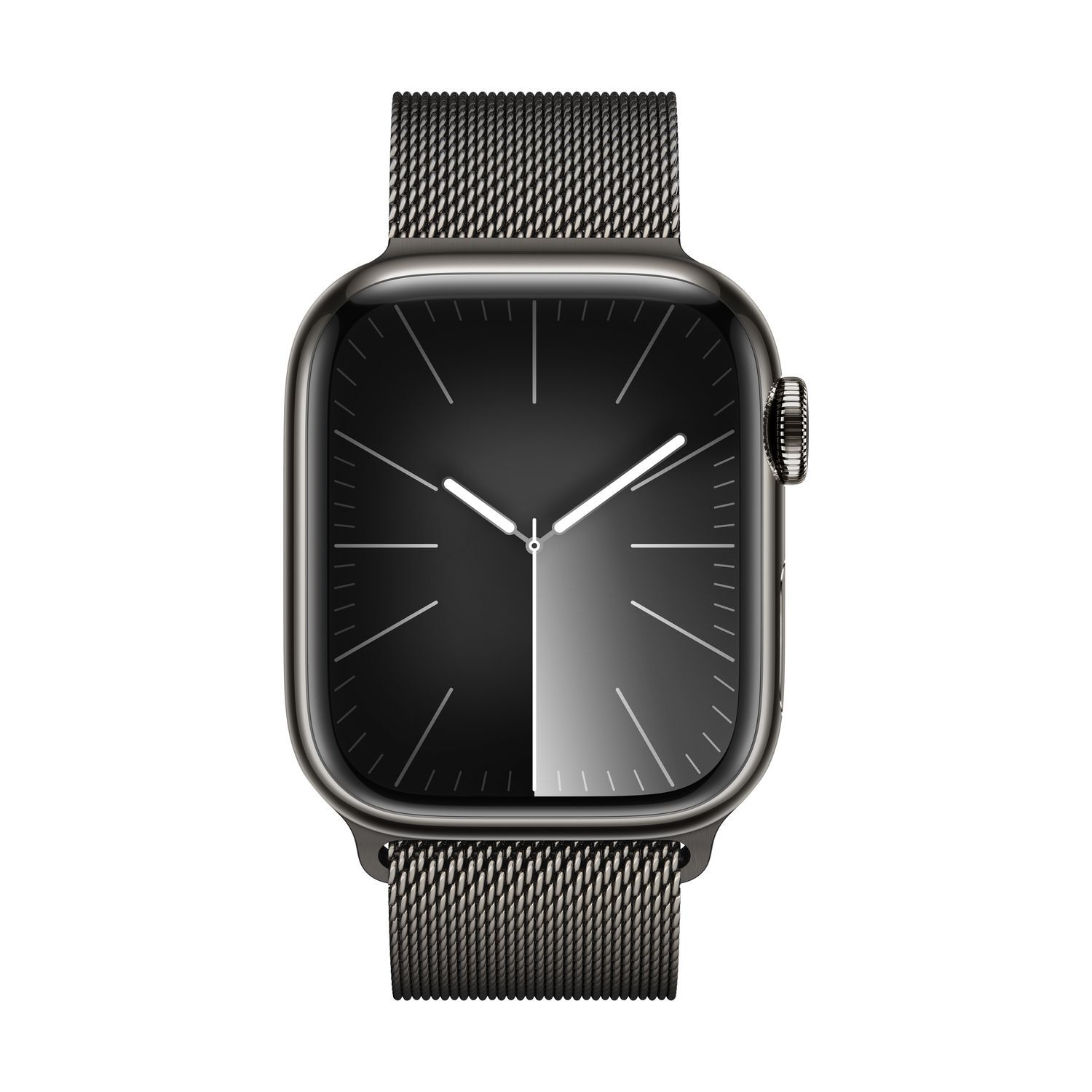 Een zwart smartwatch met een zwarte band. De wijzerplaat toont een verloop van zwart naar grijs.