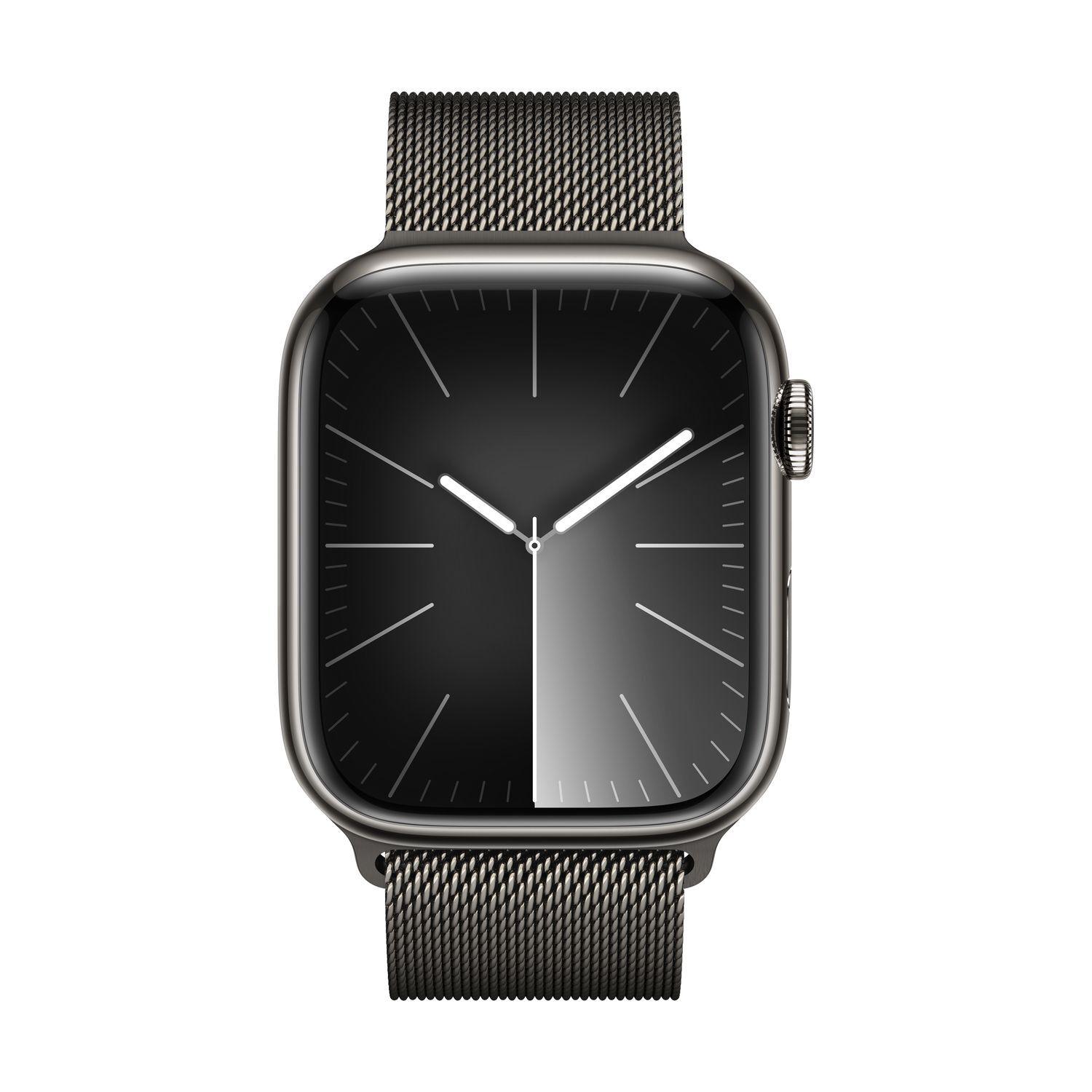 Een zwarte smartwatch met een zwart-wit display.