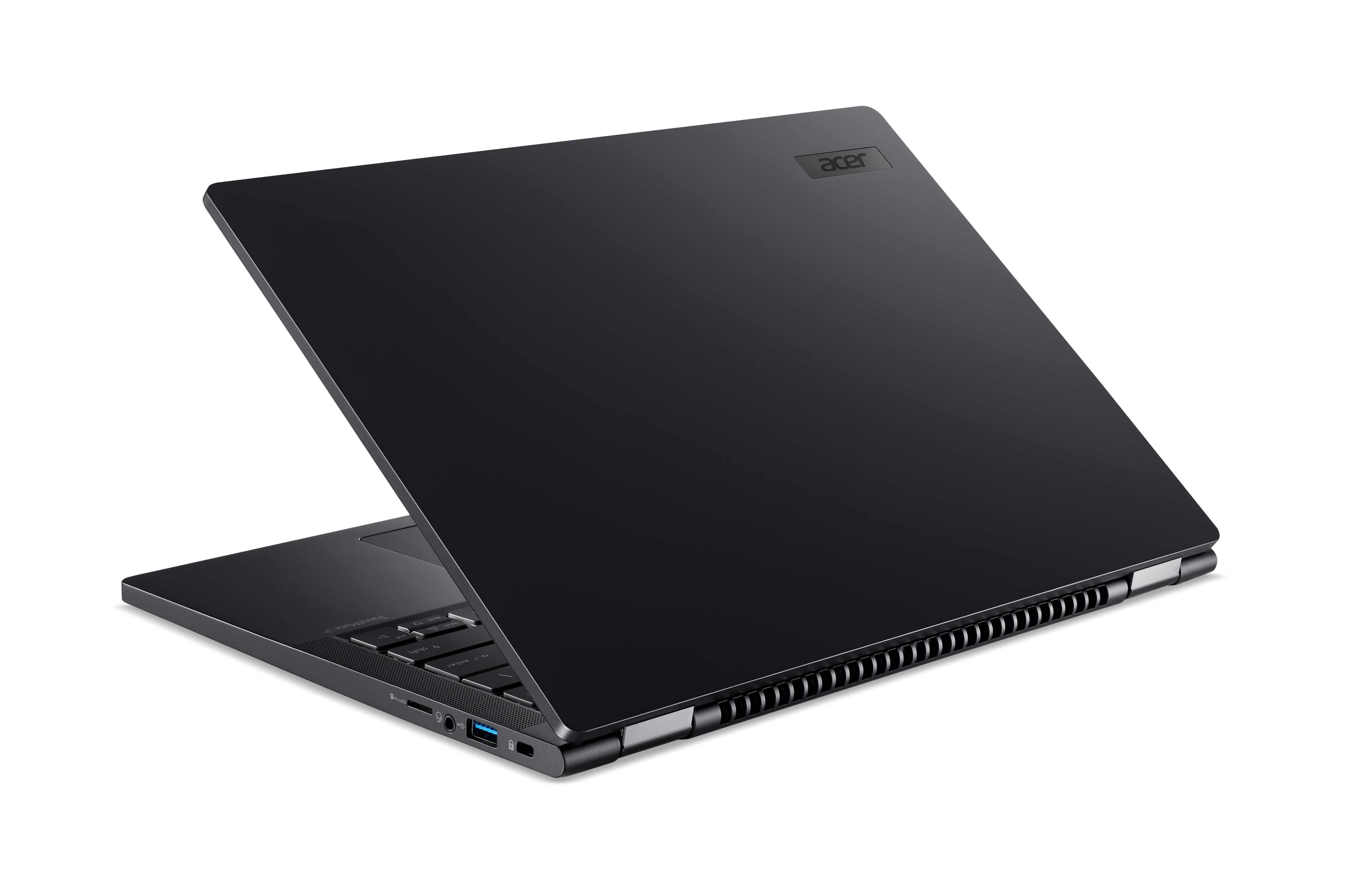 Schwarzer Laptop mit Acer-Logo, im Winkel geöffnet, auf weißer Oberfläche.