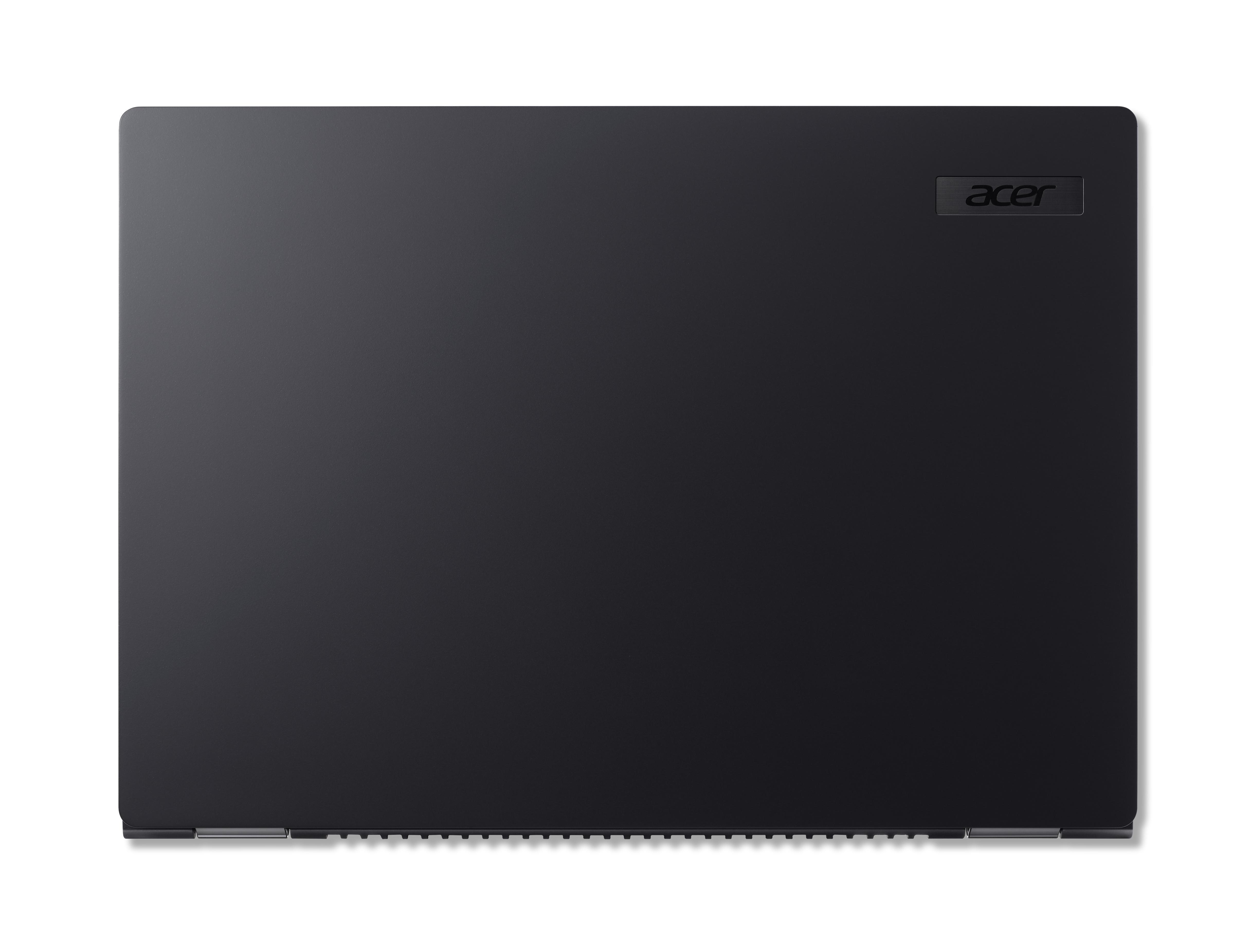 Die Oberseite eines geschlossenen schwarzen Laptops mit dem Acer-Logo rechts oben.