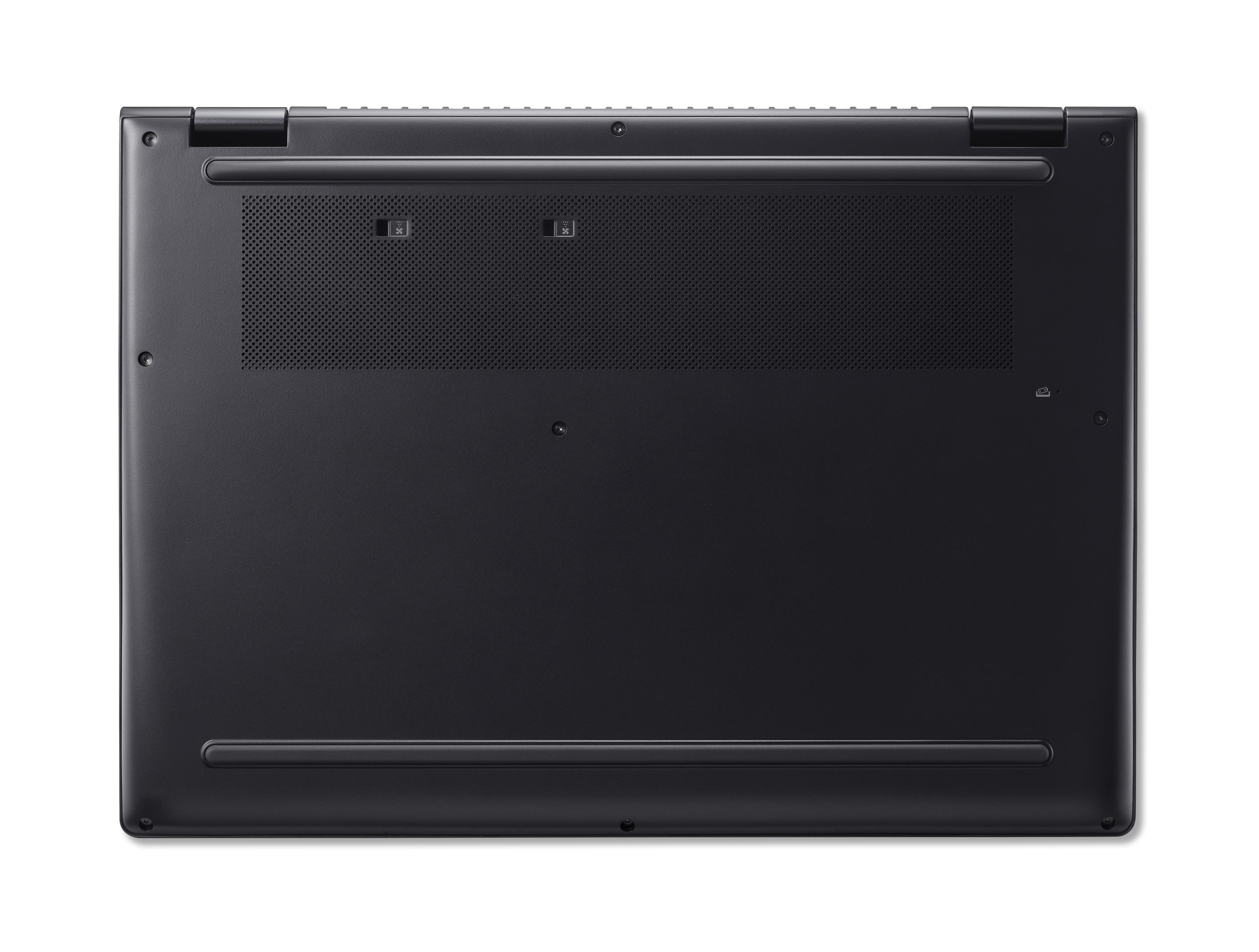 Unterseite eines schwarzen Laptops. Zeigt Lüftungsschlitze, Schrauben und eine glatte, matte Oberfläche.