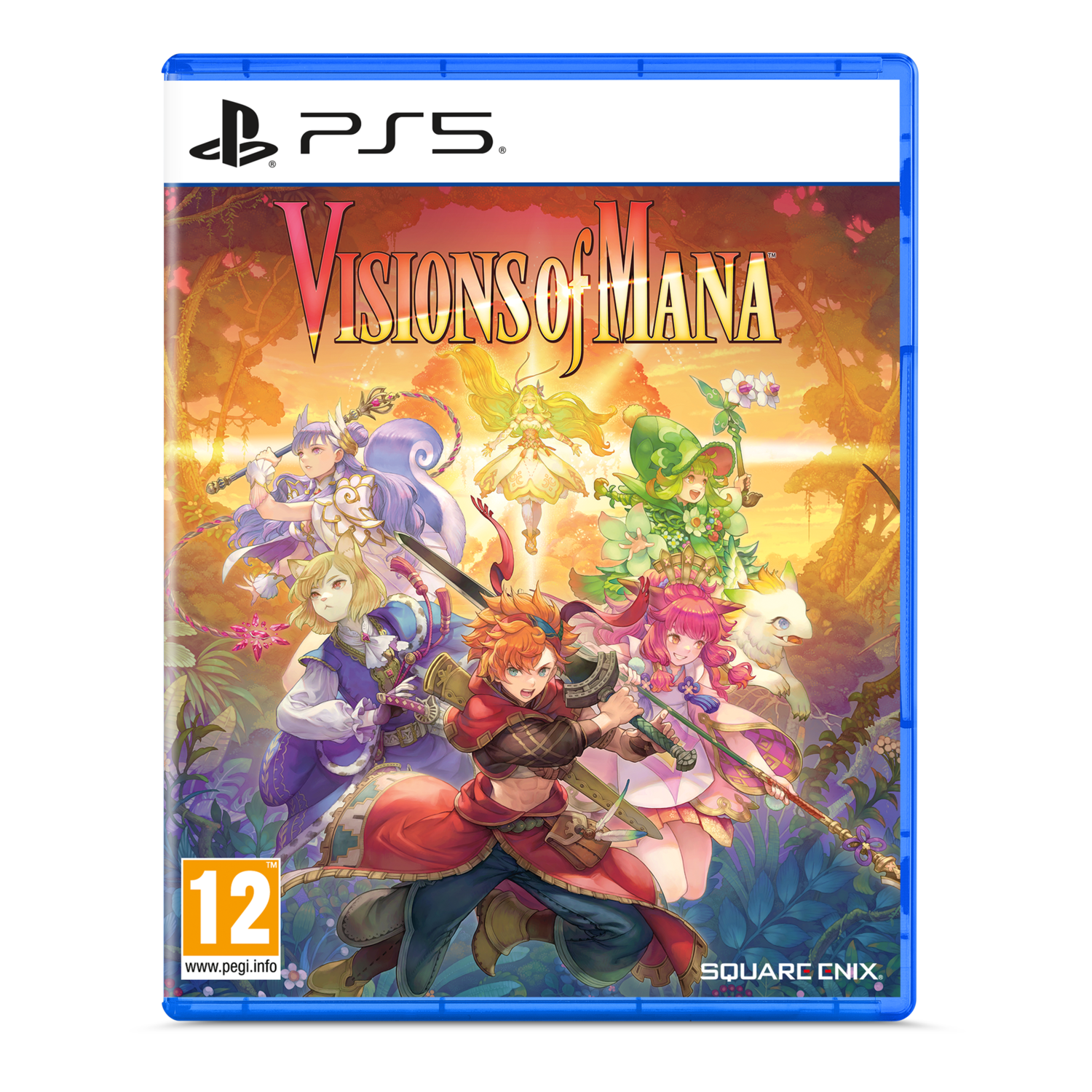 PS5-gamecase: Visions of Mana, met geanimeerde personages in een bosrijke omgeving.