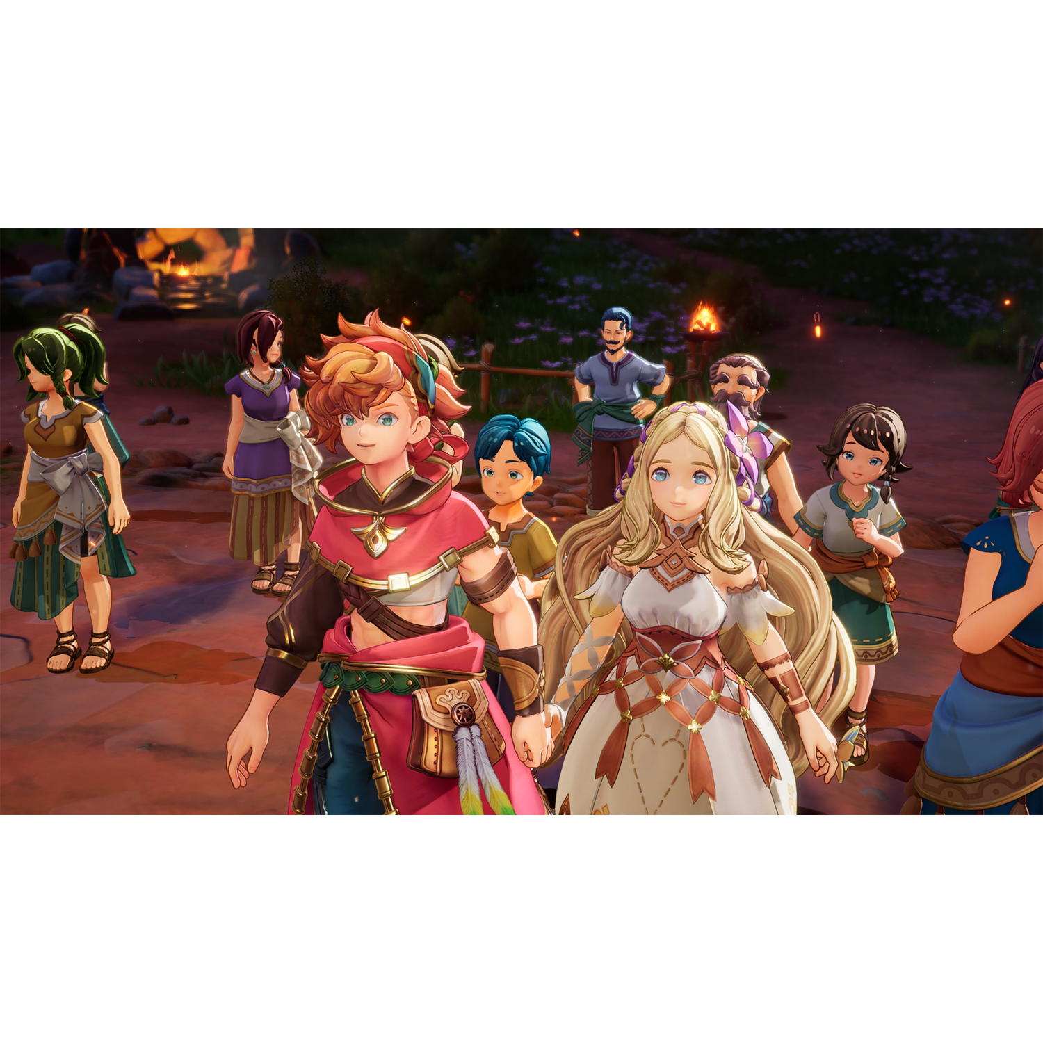 Groep gestileerde personages in een videogame. Sommigen houden elkaars hand vast.