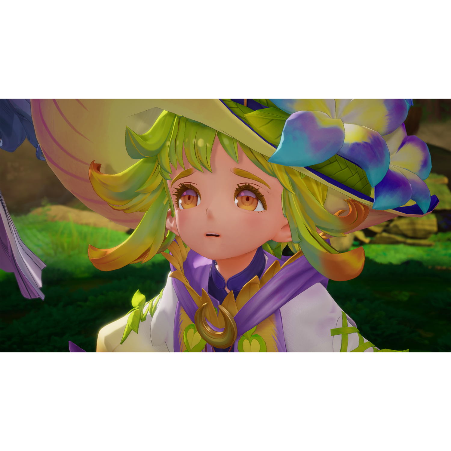 Anime meisje met hoed, opzij kijkend, met groen haar en een bezorgde uitdrukking.