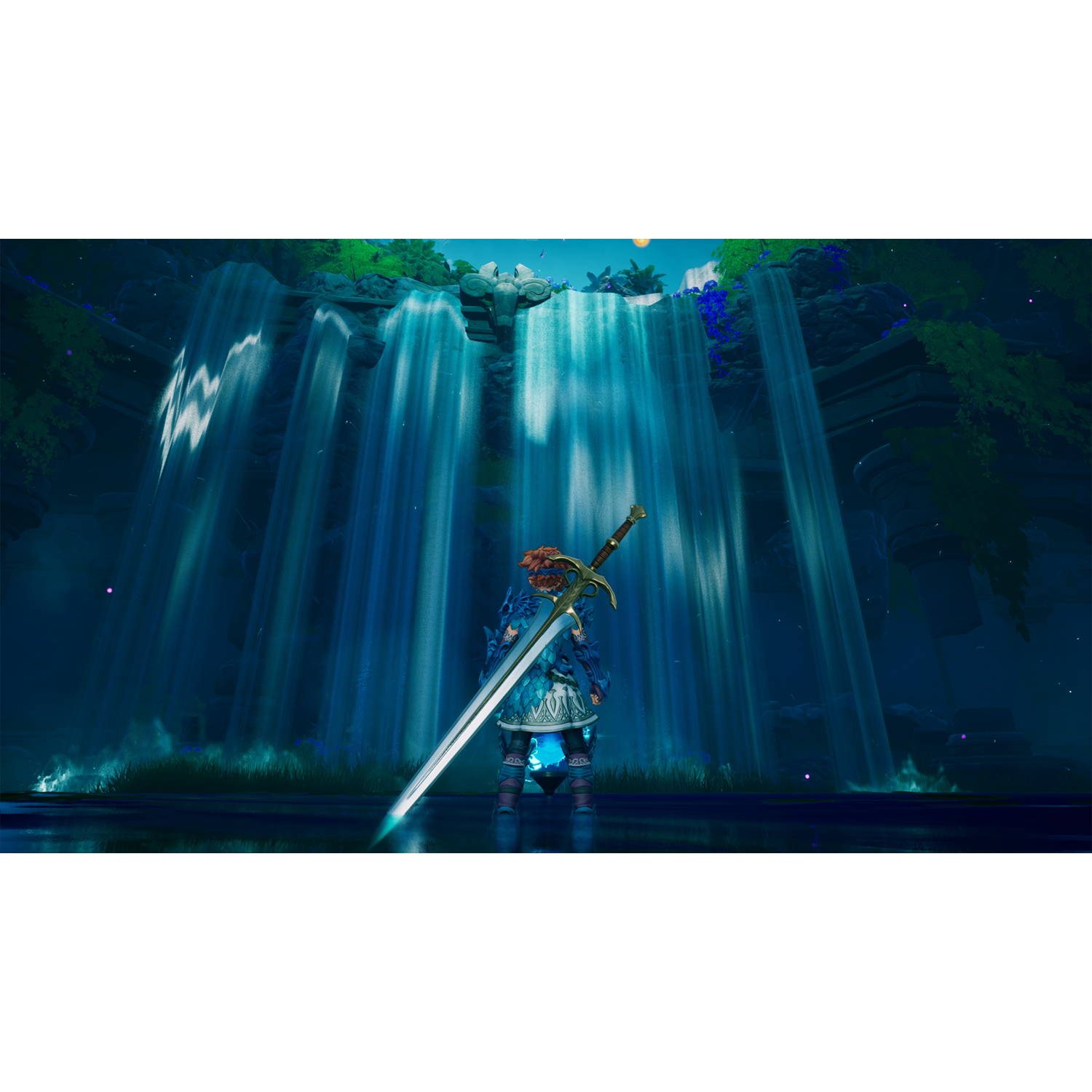 Een persoon staat voor een waterval met een groot zwaard.