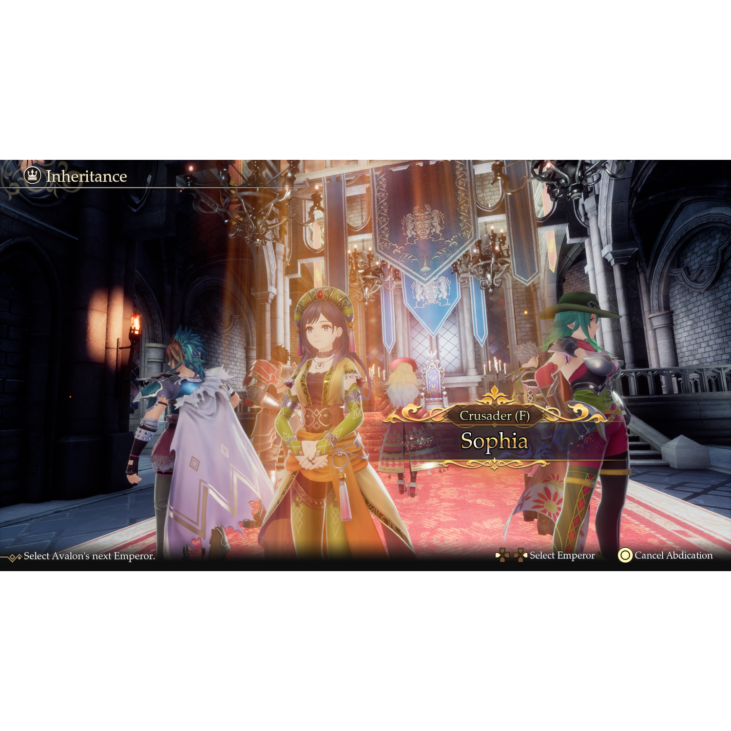 Game scene with several characters in a hall. Character Sophia in the center.