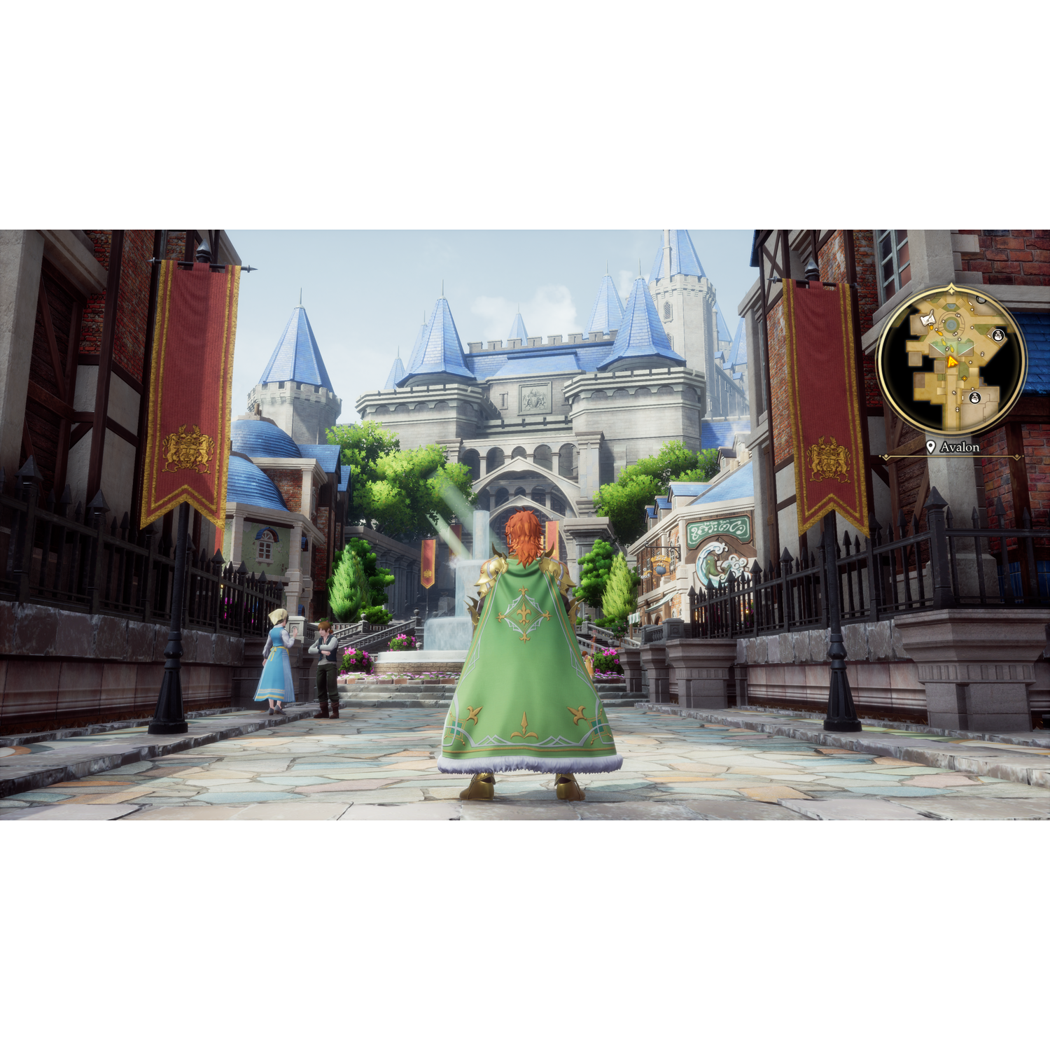 A person with a green cape stands in a medieval city.