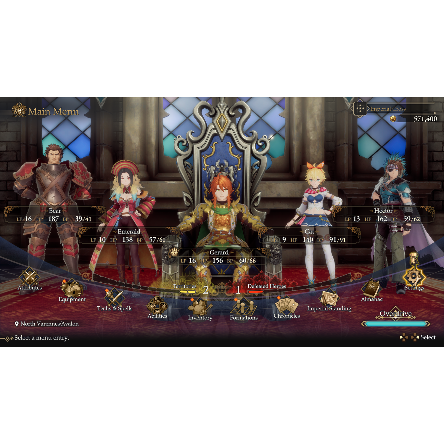 A video game menu with several characters on a throne.