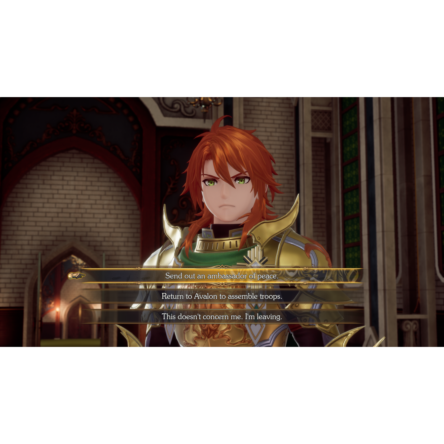 A red-haired character in a gold armor, with text boxes.