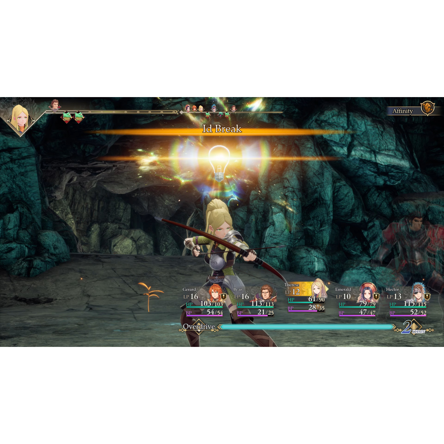 Blonde archer aims a bow in a cave. Game UI displays stats and 'Id Break' label.