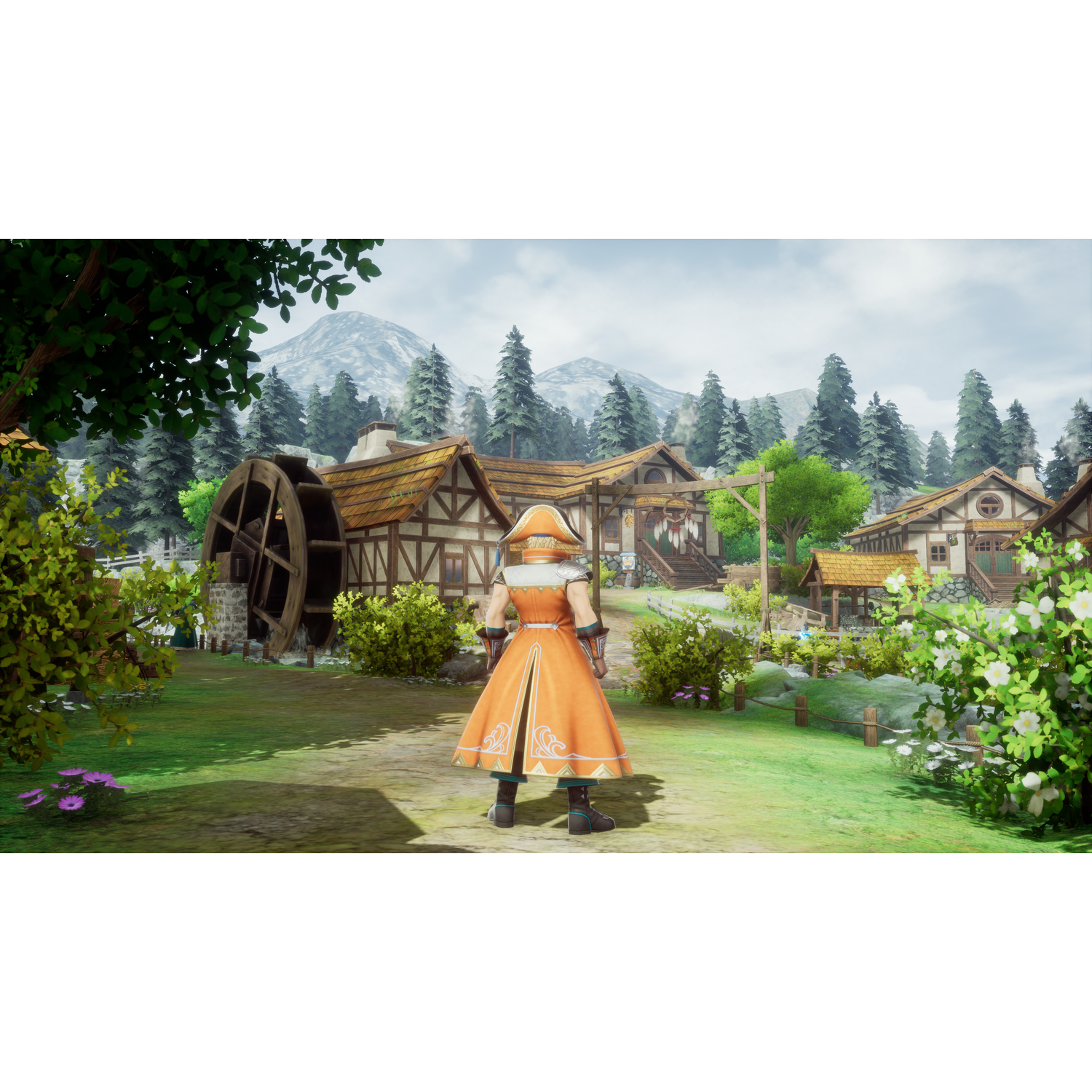 A character in orange clothing stands in a village scene. Houses, trees, and a water wheel are visible.