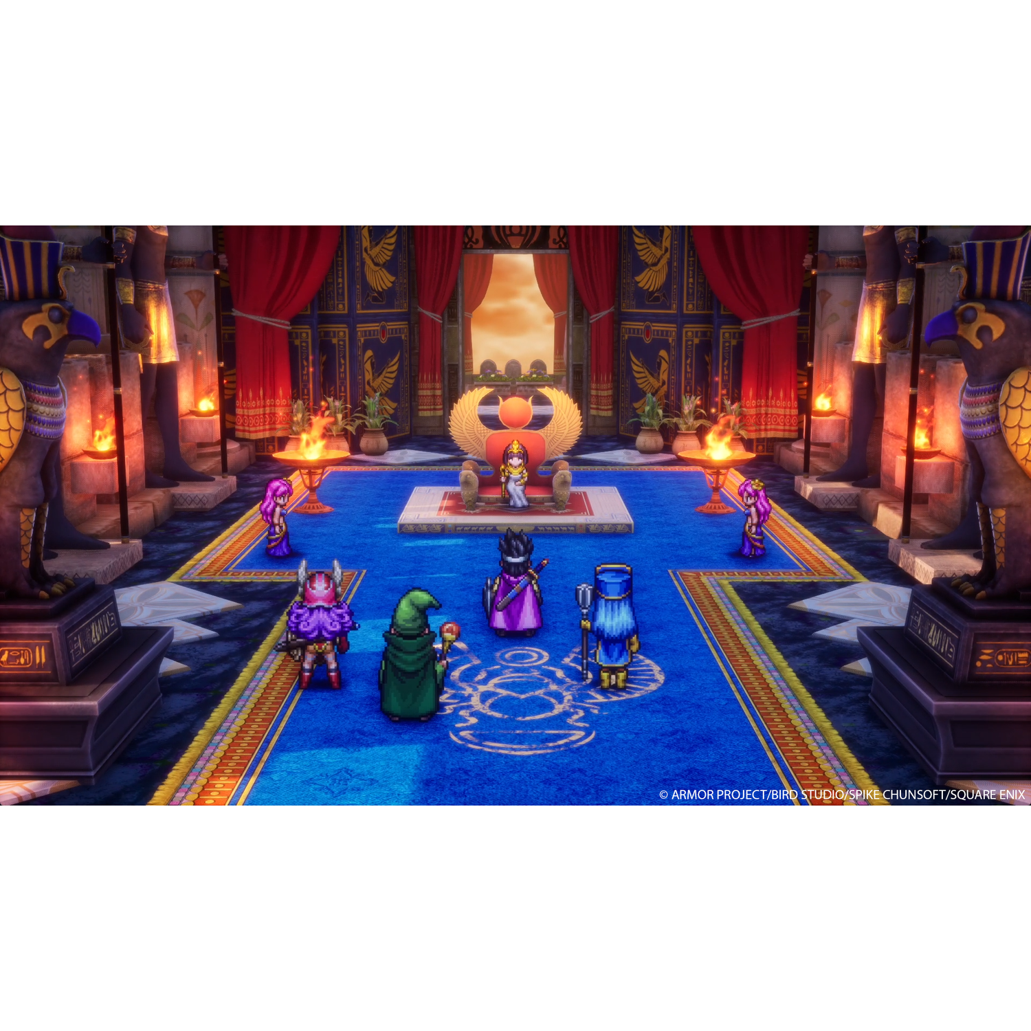 A scene from a video game, with characters in a throne room with red curtains.
