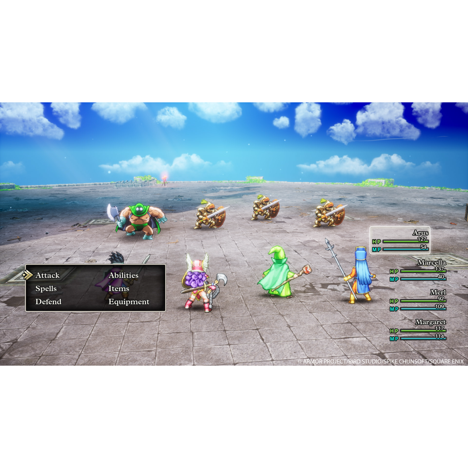 A game screen with multiple characters on a platform with a menu overlay.