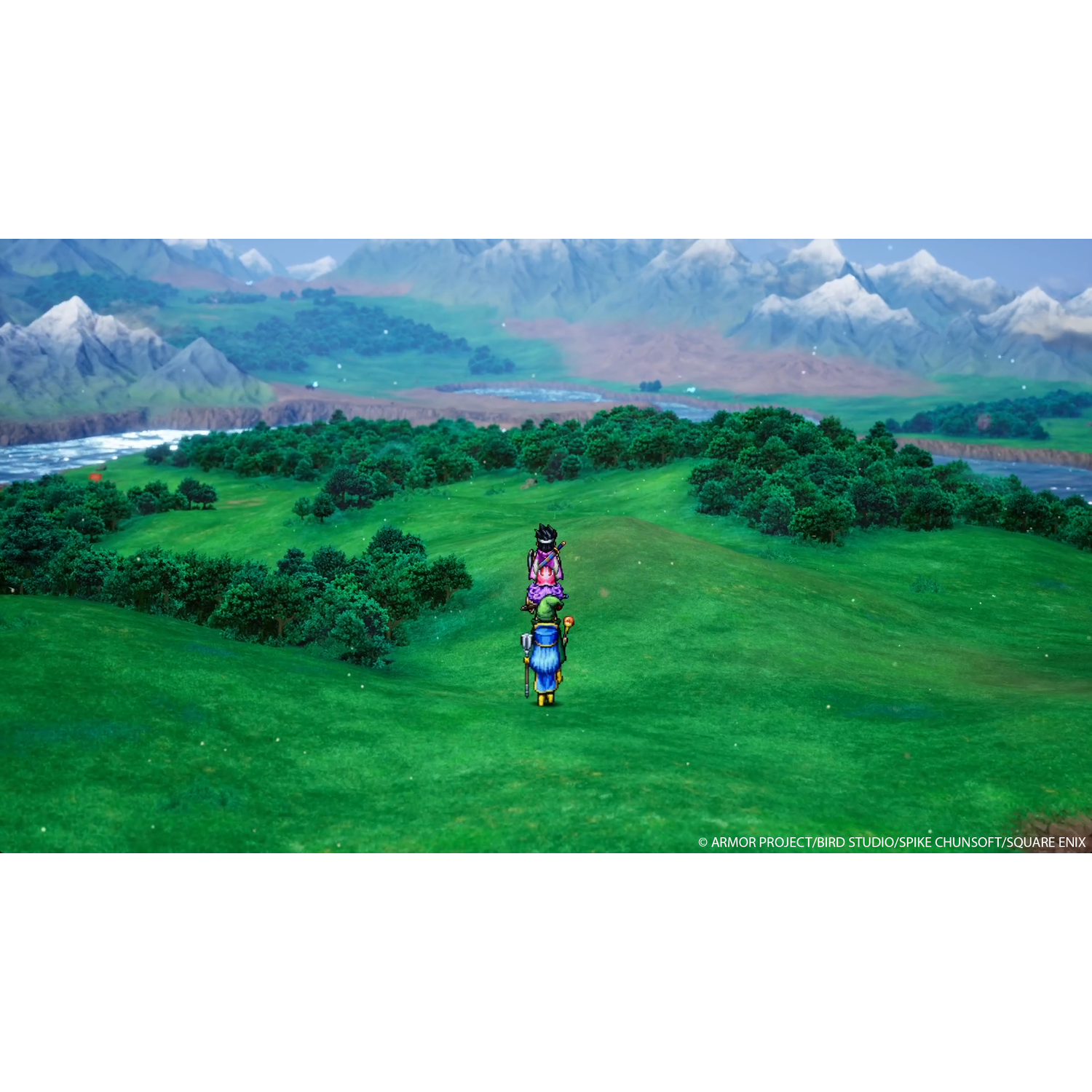 A landscape image from a video game with characters on a green field.