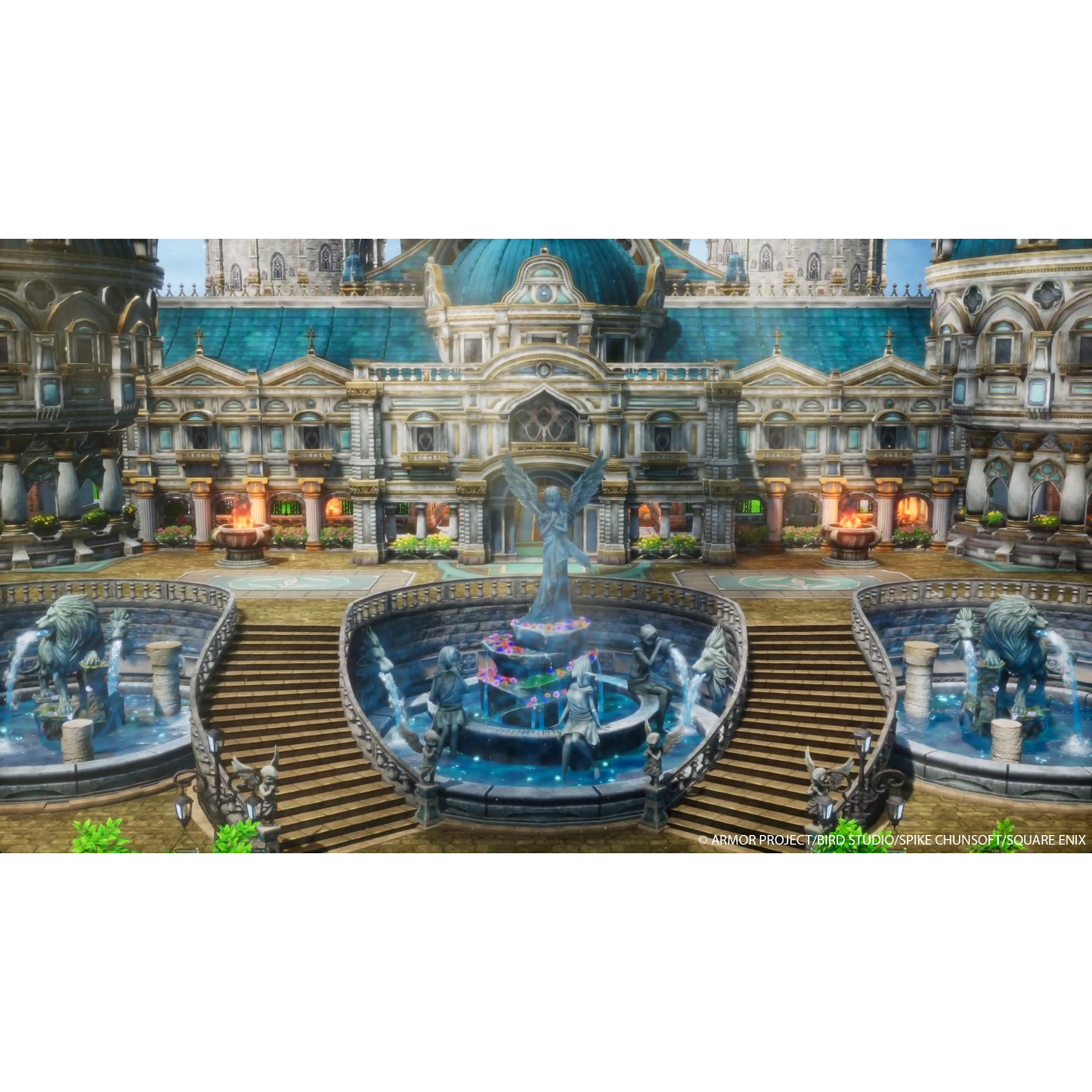 Ornate building with water fountain and sculptures. Blue sky. Classical architecture.