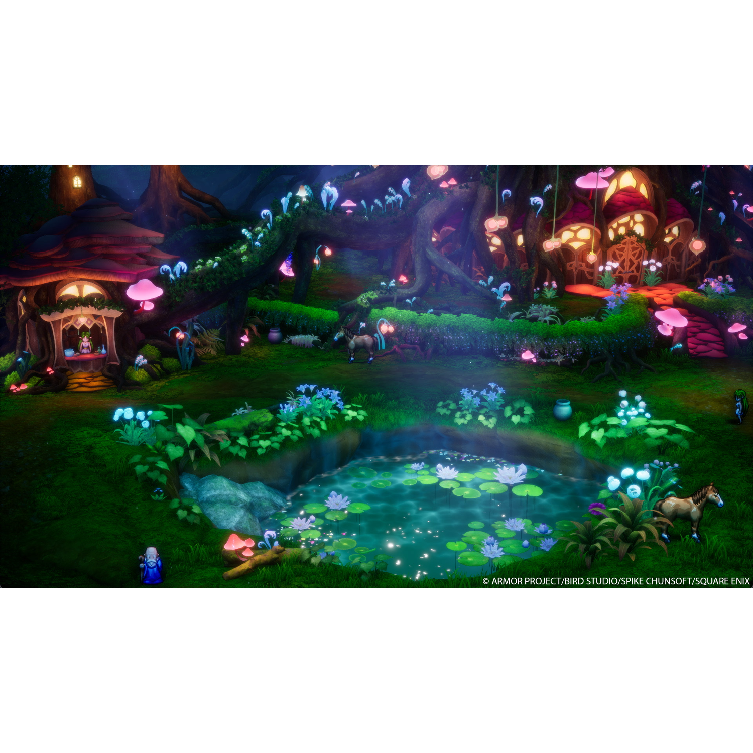 Fantasy scene with a pond, colorful houses, and trees. Magical atmosphere.