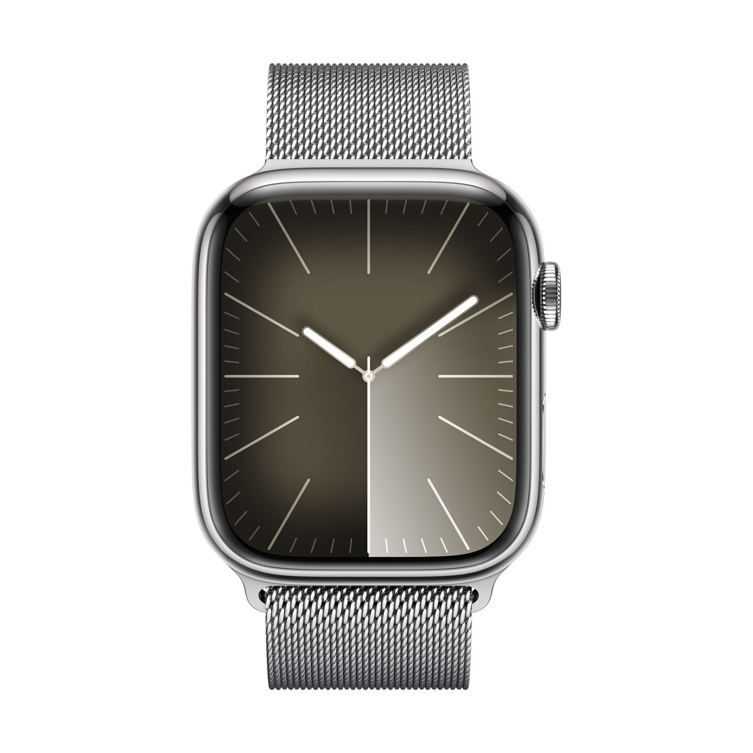 Een zilveren horloge met een vierkante wijzerplaat, een zwart-grijze gradiënt wijzerplaat en een mesh bandje.  Twee wijzers.