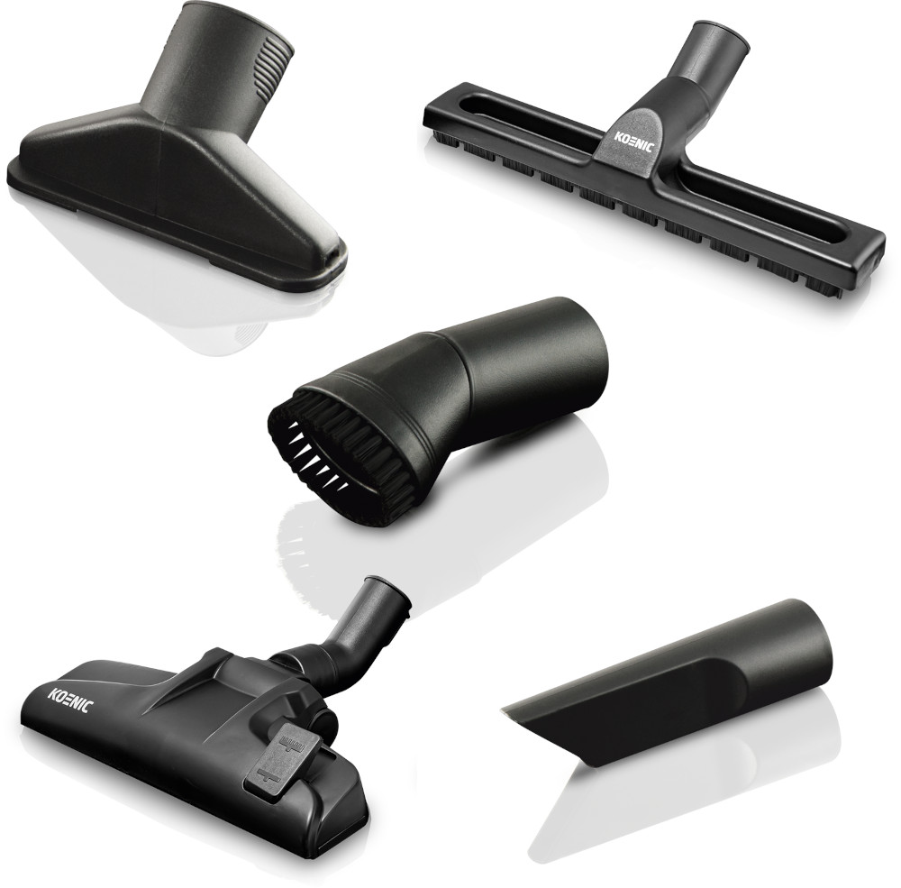 Five black vacuum cleaner attachments on a white surface, different shapes.