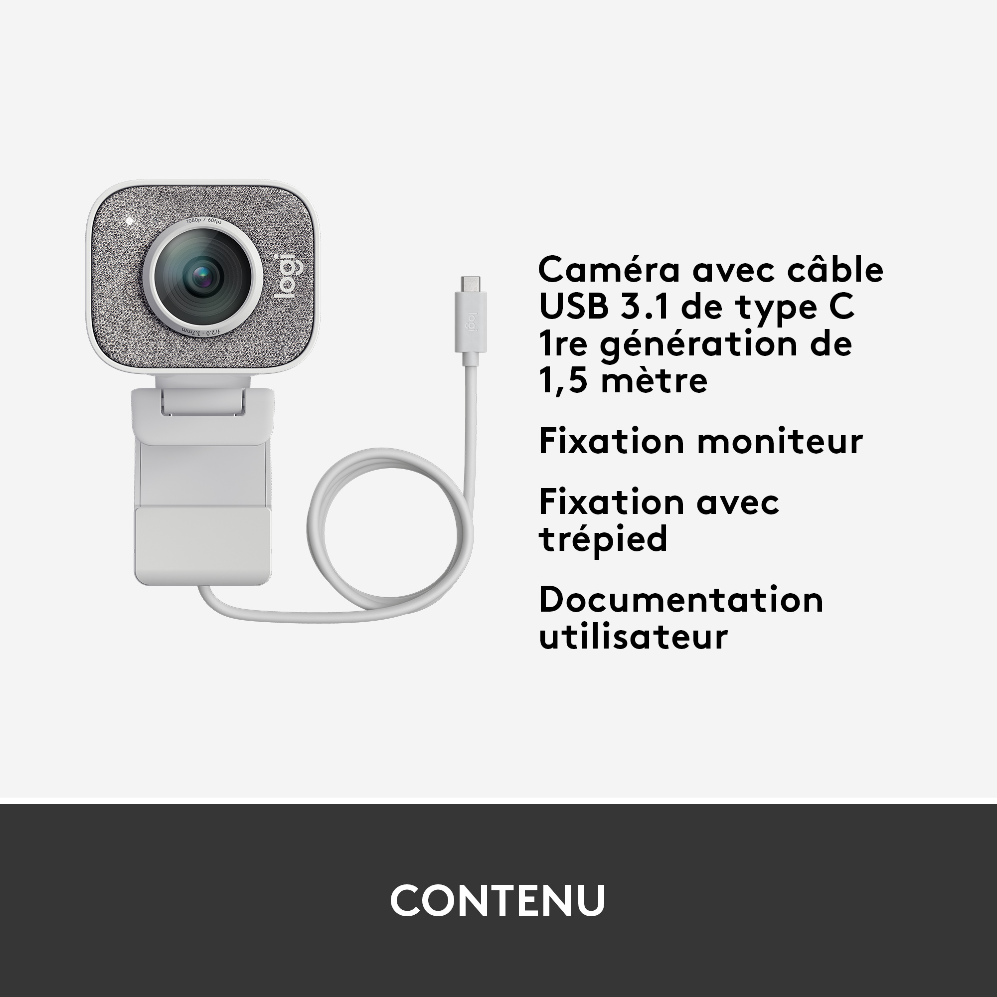 Une webcam avec son câble et du texte décrivant ses caractéristiques et son contenu. La boîte est blanche.