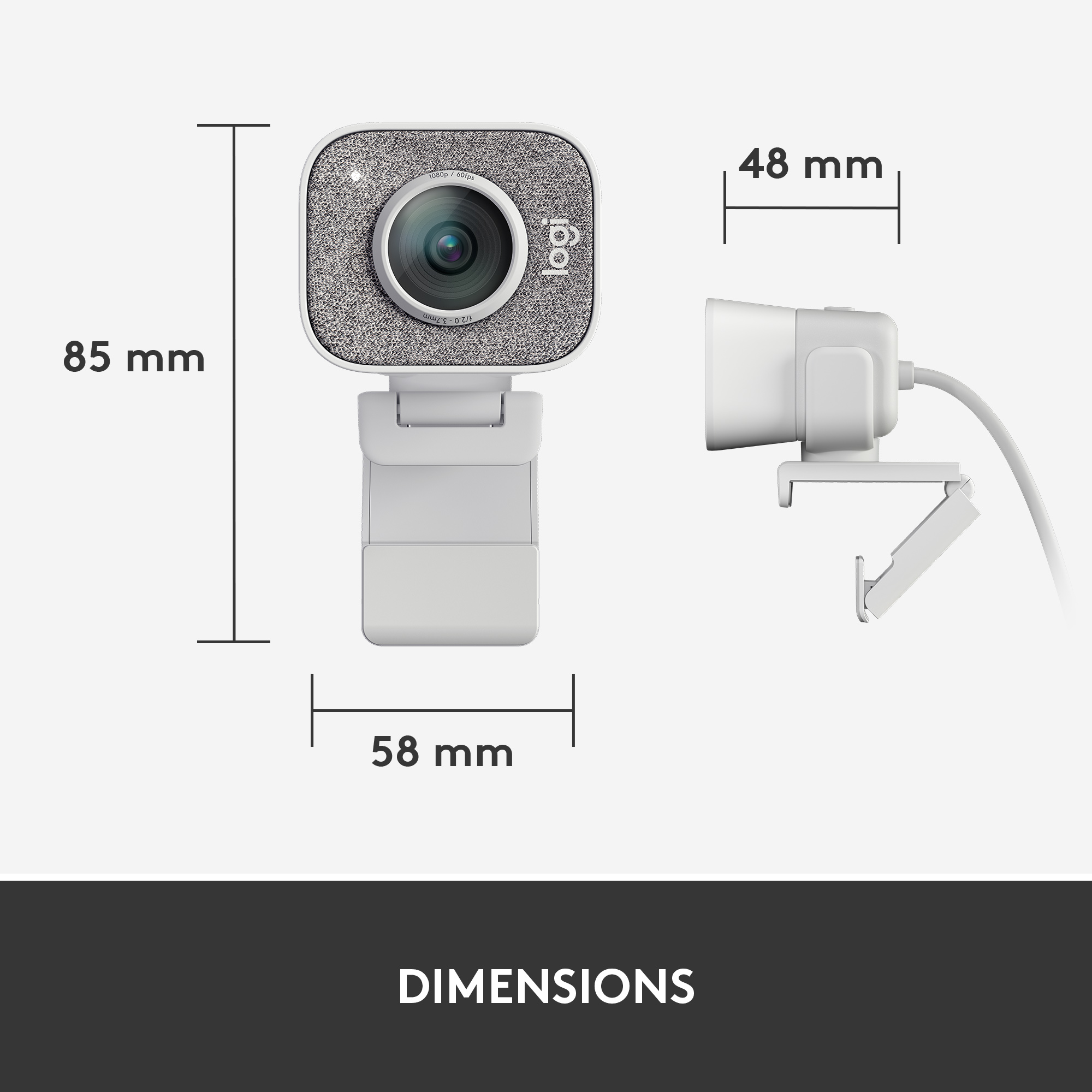 Une webcam blanche avec des dimensions indiquées, 85 mm de haut et 58 mm de large.