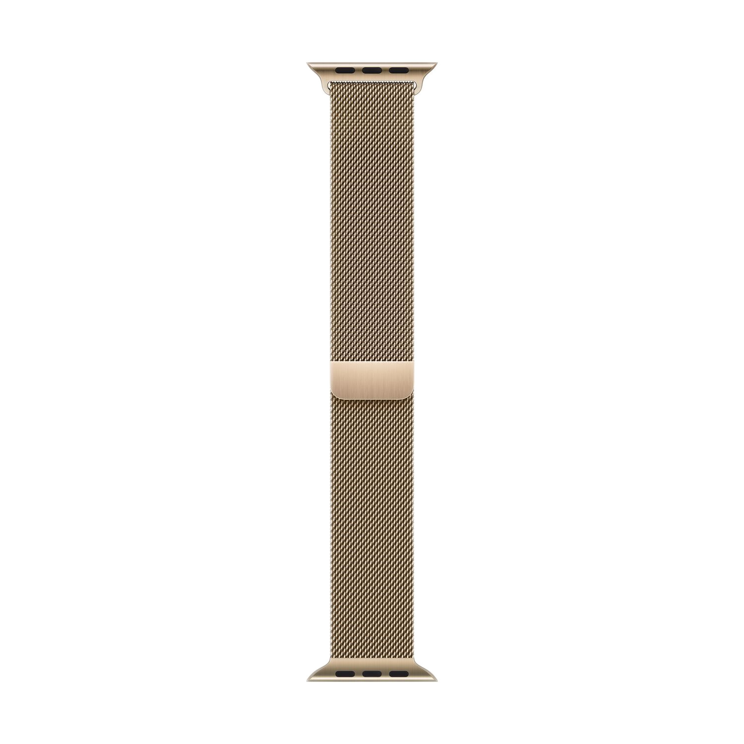 Un bracelet Apple Watch à maillons milanais doré. C'est un design en maille de couleur or métallique.
