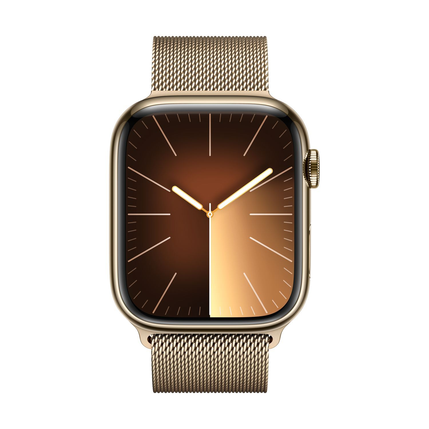 Montre connectée dorée avec bracelet doré et écran marron et doré.