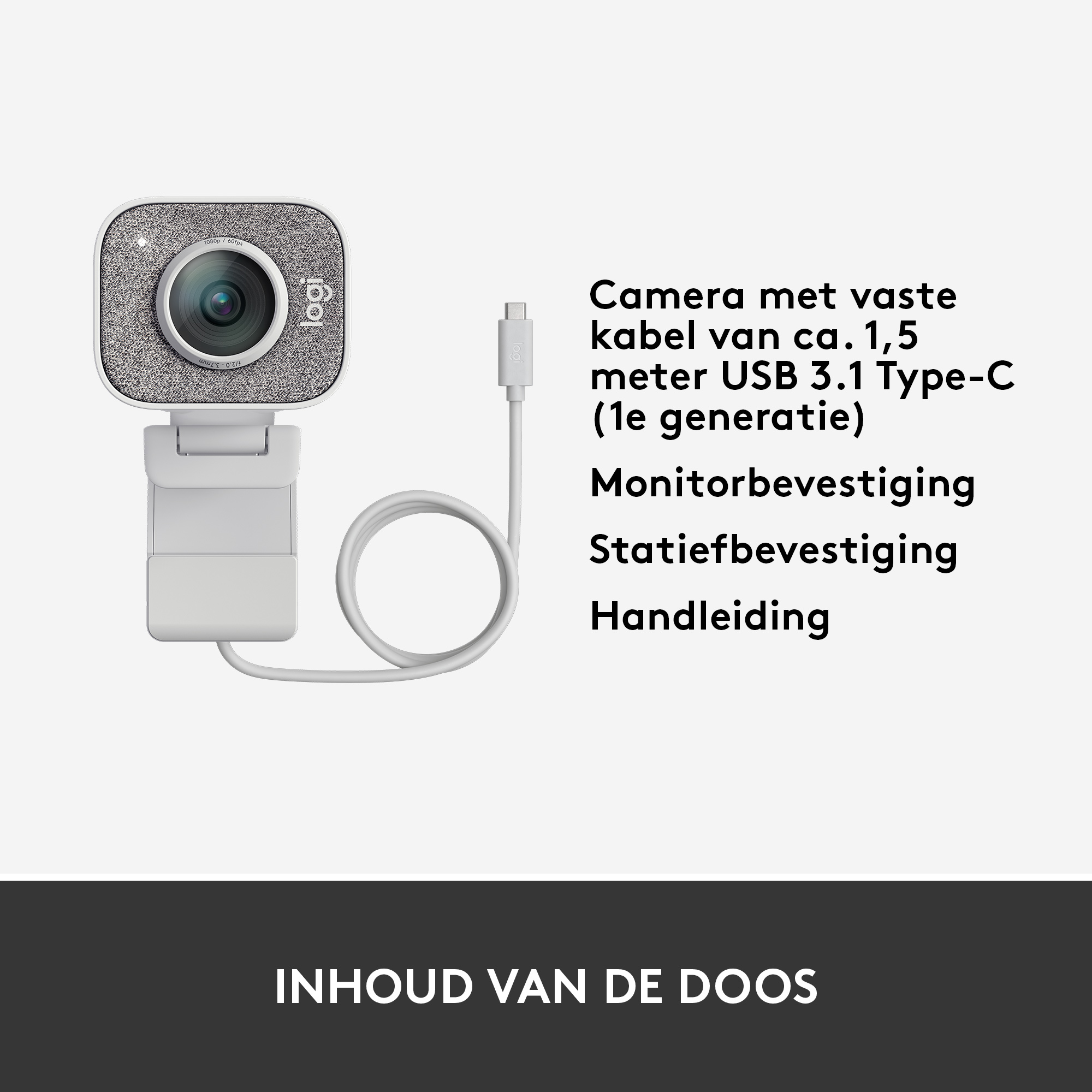 A webcam with a cable and a stand, along with text in Dutch describing the package contents.