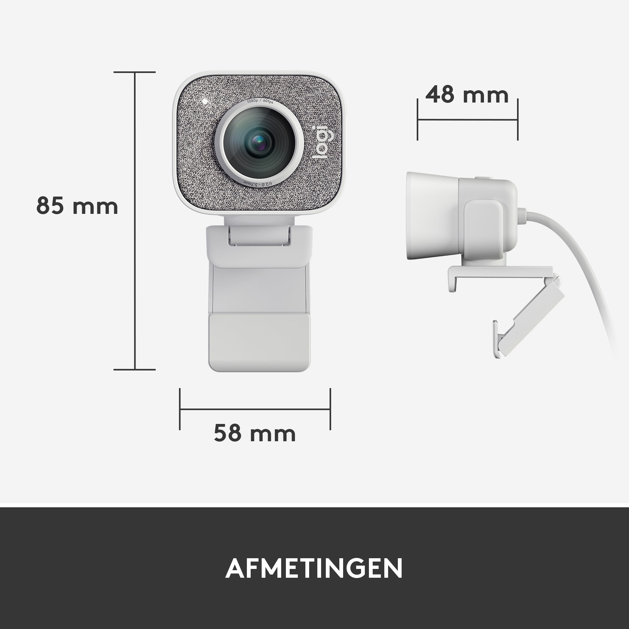 White webcam with dimensions shown: 85mm height, 58mm width, 48mm depth. Text: Afmetingen (Dimensions).