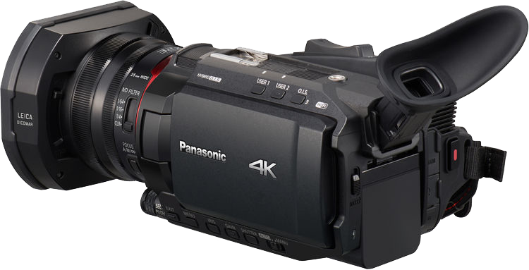 Fekete Panasonic 4K videokamera. Leica objektív, gombok, képernyő.