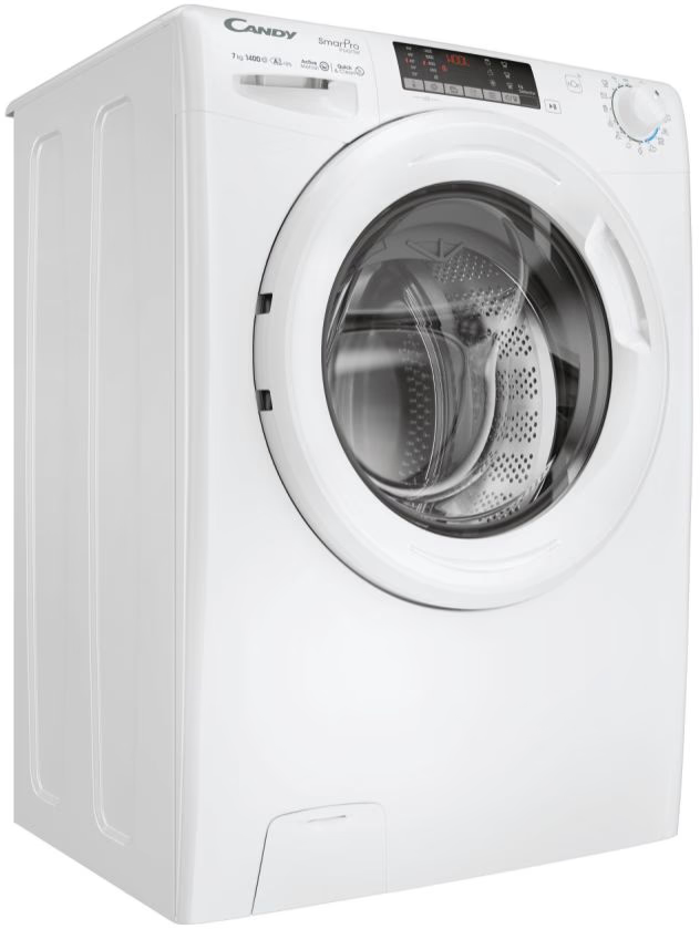 Weiße Waschmaschine, Schrägansicht mit Tür und Bedienfeld.