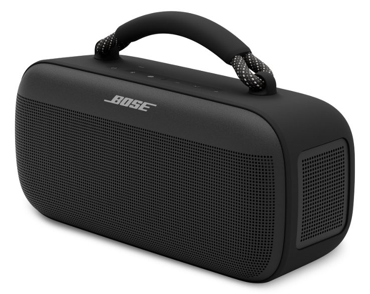 Czarny, prostokątny głośnik z uchwytem. Głośnik ma siatkowy przód i widoczne jest słowo 'BOSE'.