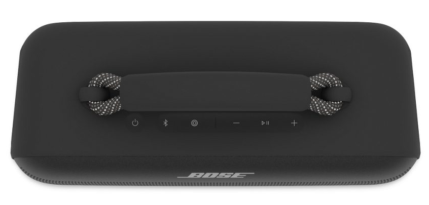 Czarny głośnik Bose. Widok z góry z przyciskami sterowania i uchwytem ze sznurkiem w kolorze szarym i białym.