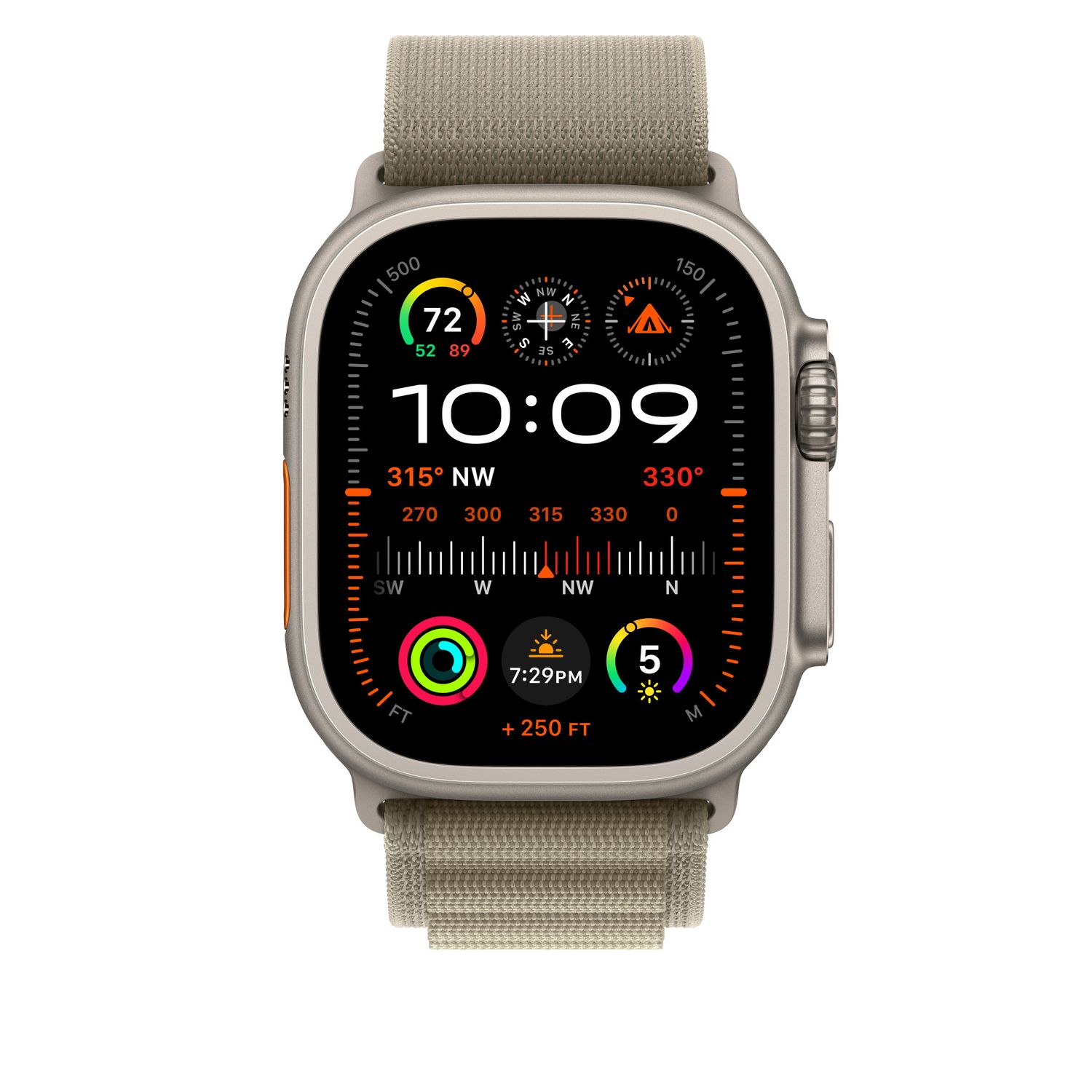 Smartwatch avec bracelet beige. L'écran affiche l'heure, la boussole et les données d'activité. Bouton orange.