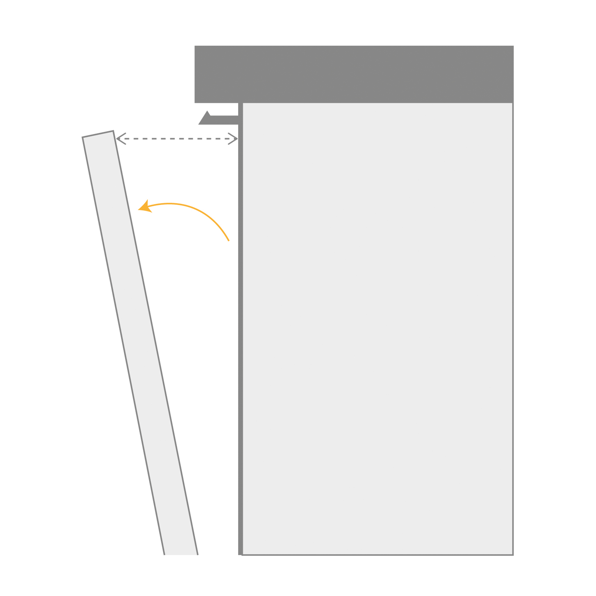 Diagramma che mostra l'apertura di una porta dell'armadio. La porta è grigia e la parete è bianca.