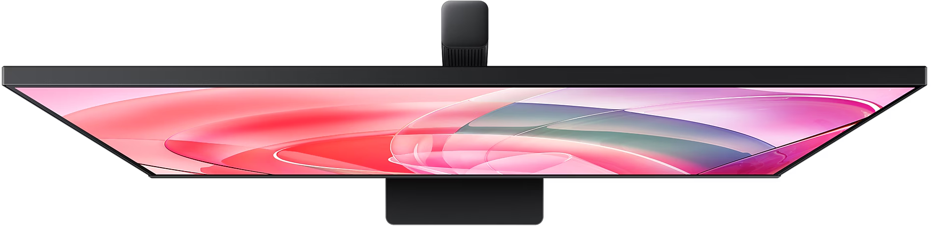 Draufsicht auf einen schwarzen Computermonitor mit farbenfrohen Grafiken.