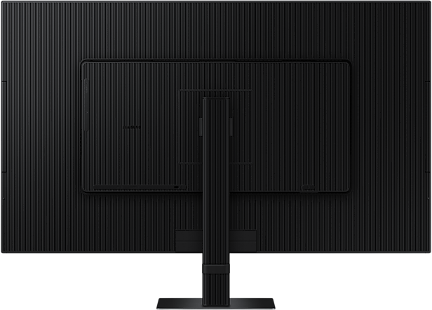 Rückseite eines schwarzen Monitors mit Ständer, der ein rechteckiges Panel und vertikale Linien zeigt.