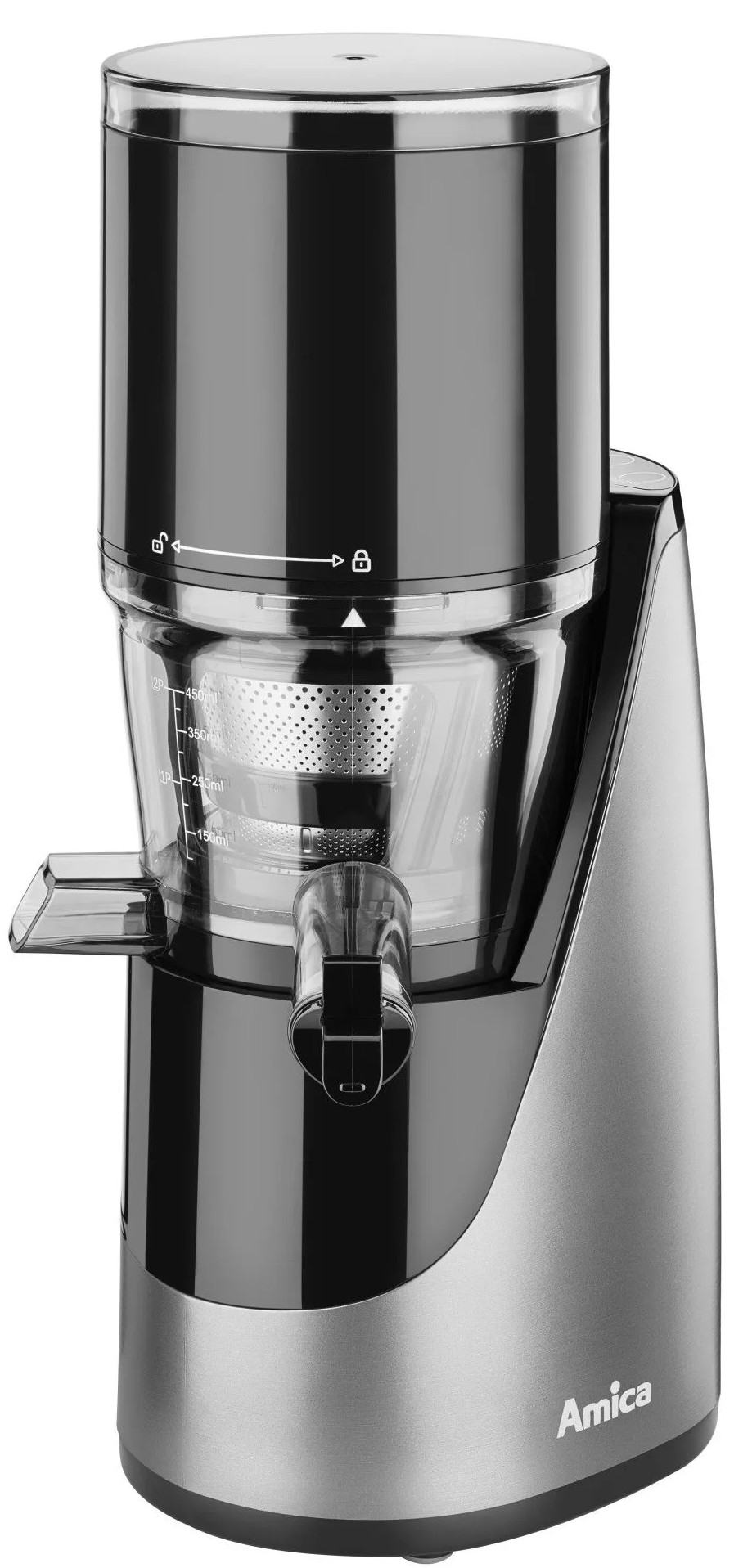 Srebrno-czarna wyciskarka do soku z przezroczystym pojemnikiem, widoczne logo Amica.