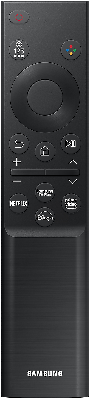 Eine schwarze Fernbedienung mit Tasten für TV-Funktionen. Enthält Netflix-, Disney+- und Prime Video-Tasten.