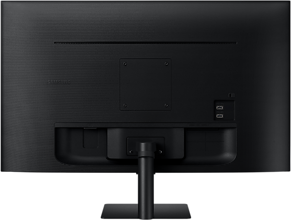 Rückseite eines schwarzen Samsung-Monitors. Es hat eine Ständerhalterung, Anschlüsse und das Samsung-Logo.