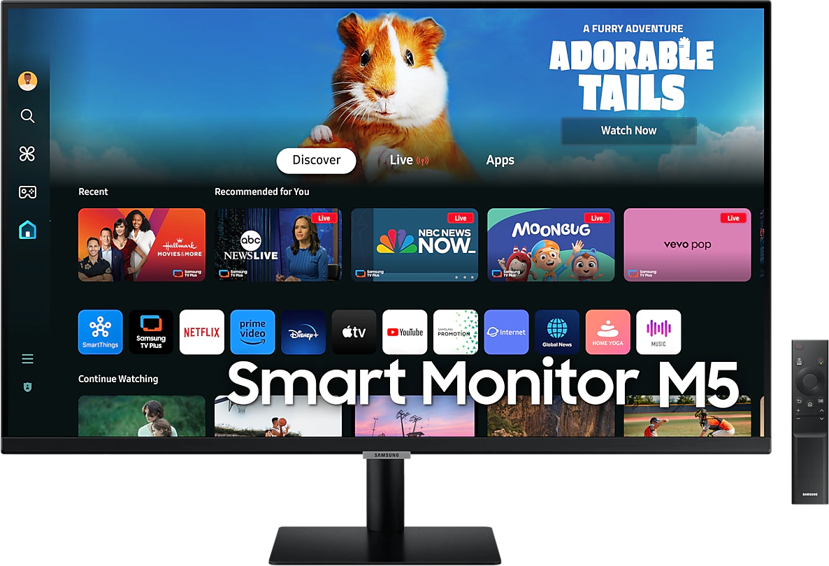 Samsung Smart Monitor M5. Anzeige zeigt Streaming-Dienst mit Meerschweinchen-Bild.