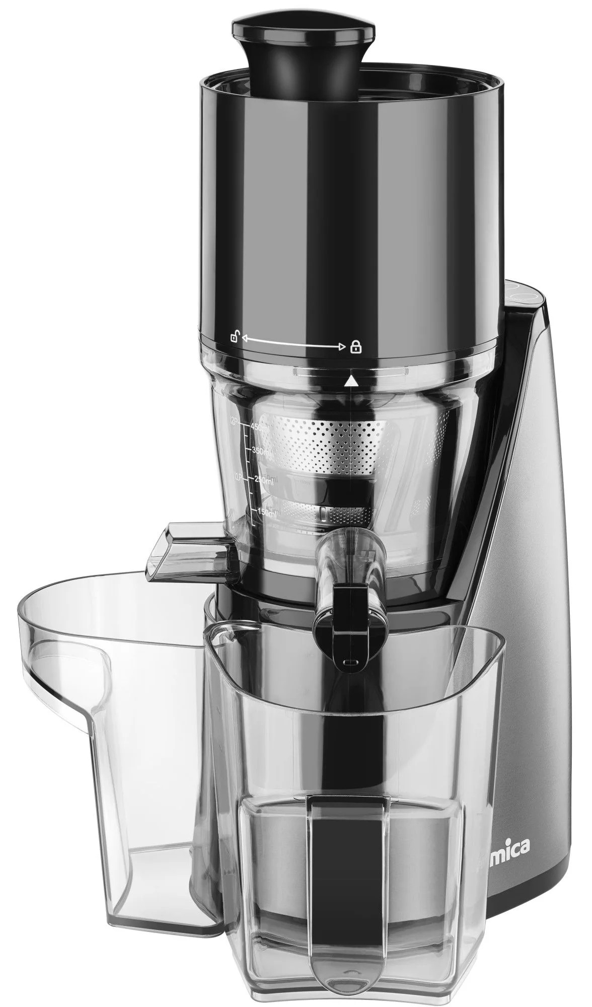 Wyciśkarka do soku w czarno-srebrnej kolorystyce. Widoczne są dwa przezroczyste plastikowe kubki.