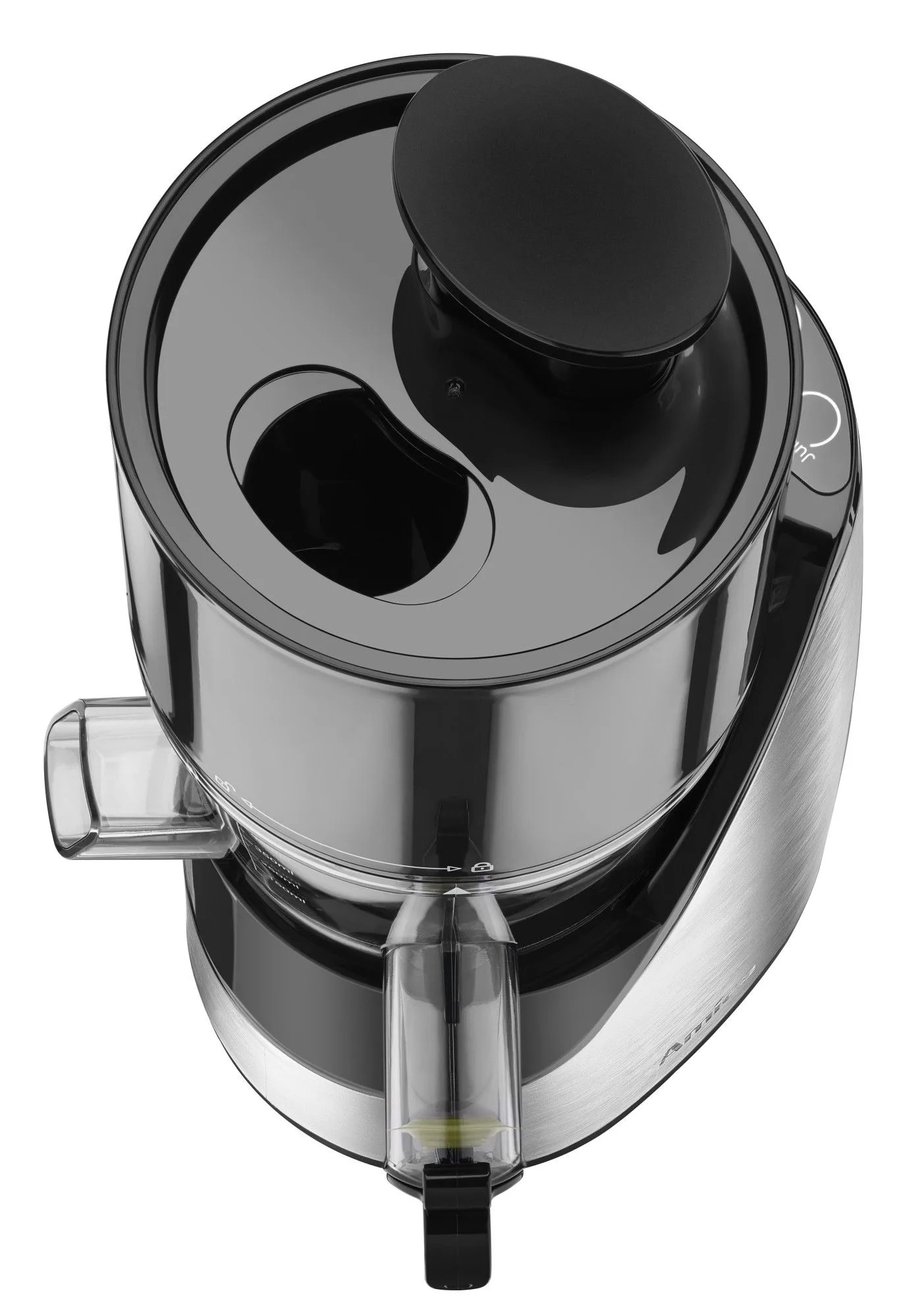 Widok z góry na srebrno-czarną wyciskarkę do soków z czarną pokrywą i przezroczystym wylotem.