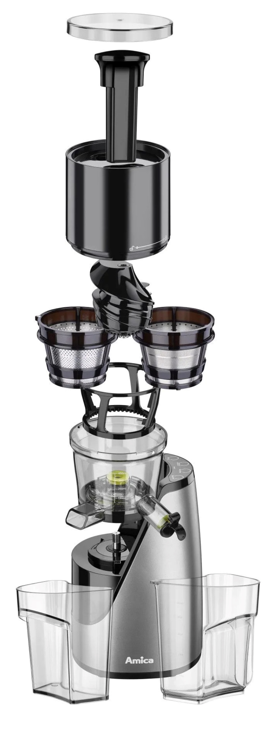 Widok rozłożony wyciskarki do soku, pokazujący różne komponenty i pojemniki.