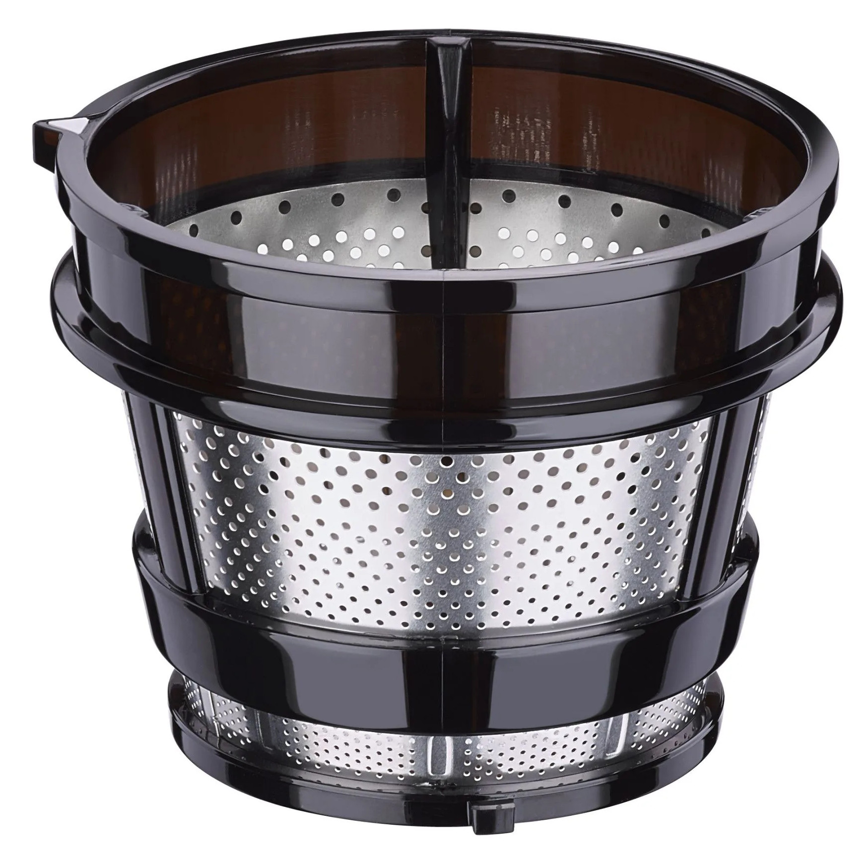 Filtr do wyciskarki, czarny i srebrny. Ma wiele otworów w kształcie cylindrycznym.